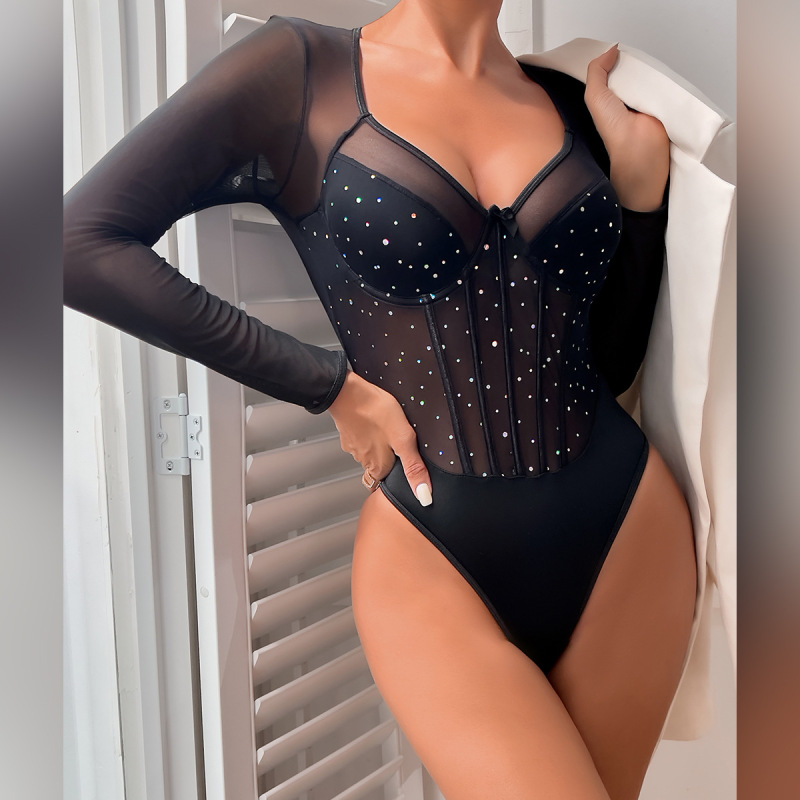 3690--Classic women's clothing, sparkling sequins, long-sleeved bodysuit