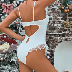 3673--White jumpsuit Christmas snowflakes perspective stitching hollow straps sexy suspenders bottoming clothes