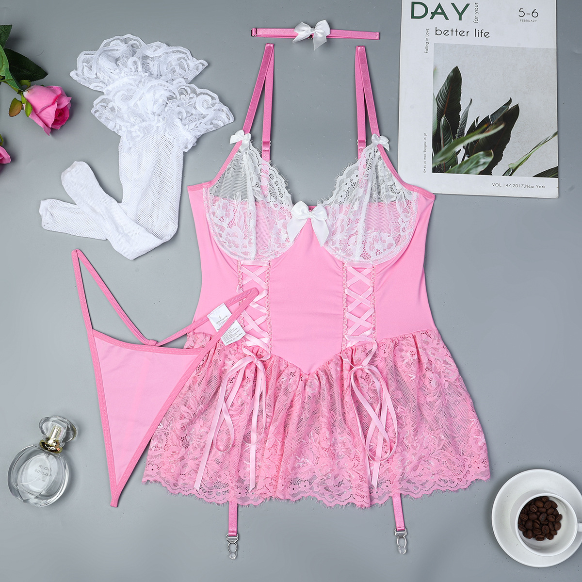 3635--Sexy four-piece underwear loli girl pink strap lace skirt bow set
