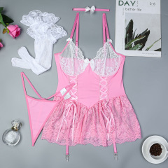 3635--Sexy four-piece underwear loli girl pink strap lace skirt bow set