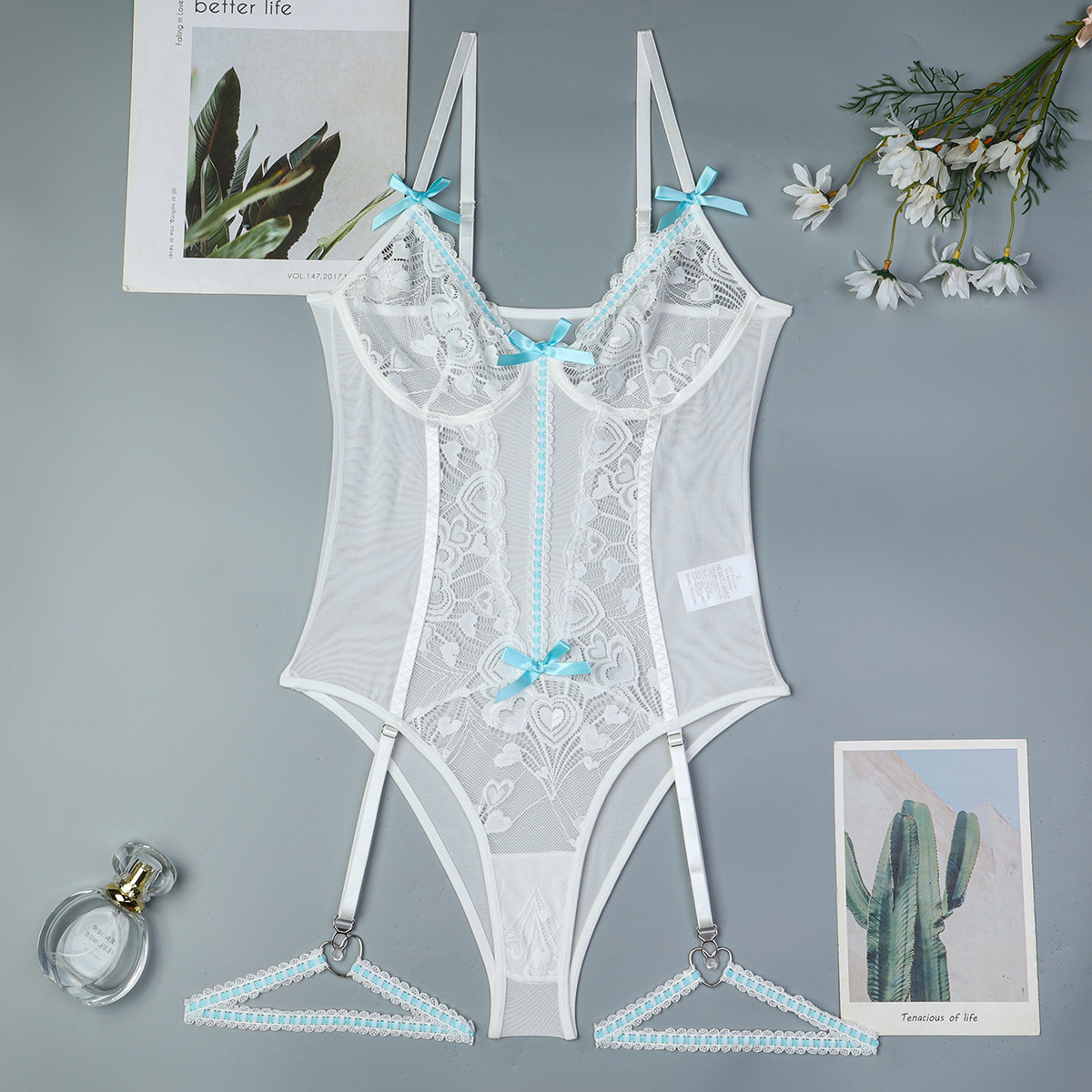 3674--New love jacquard lace bow bodysuit camisole sexy lingerie