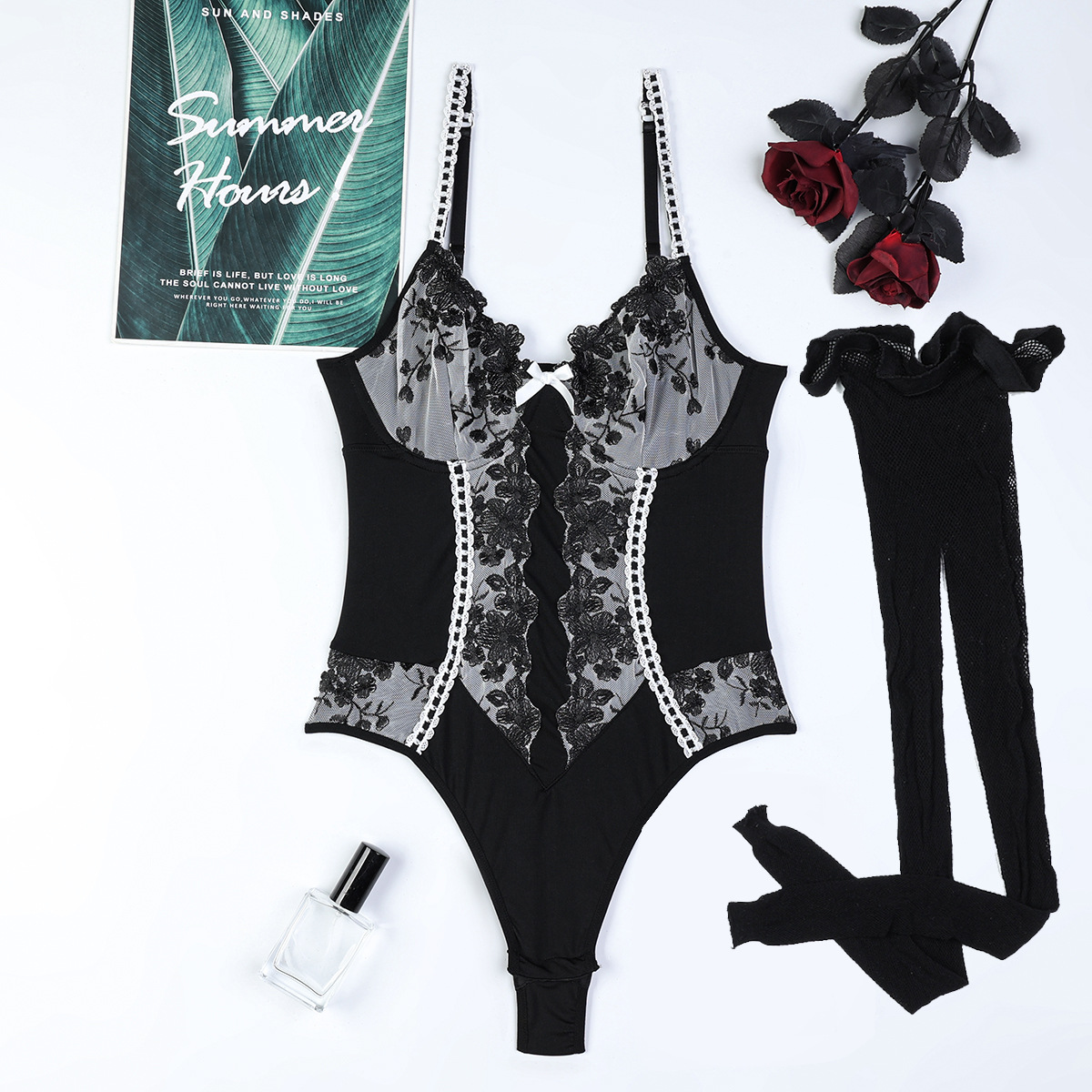 3693--Black and white embroidery splicing micro-stretch suspender jumpsuit women's sexy lingerie