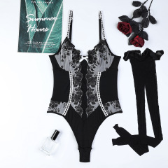 3693--Black and white embroidery splicing micro-stretch suspender jumpsuit women's sexy lingerie