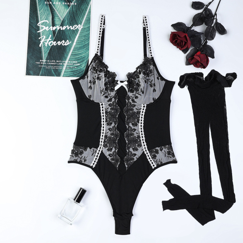 3693--Black and white embroidery splicing micro-stretch suspender jumpsuit women's sexy lingerie