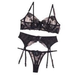 LS1485--Sexy suspender steel ring see-through three-piece set embroidered flower sexy underwear