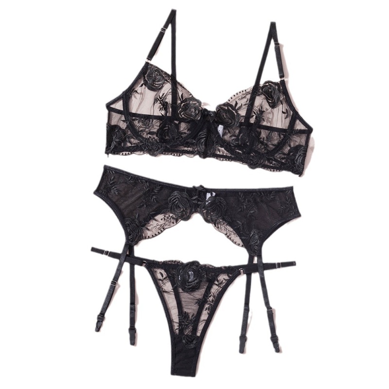 LS1485--Sexy suspender steel ring see-through three-piece set embroidered flower sexy underwear