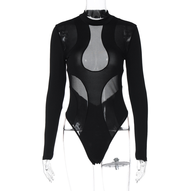 LTY108011--New sexy see-through mesh patchwork tight waist long-sleeved jumpsuit
