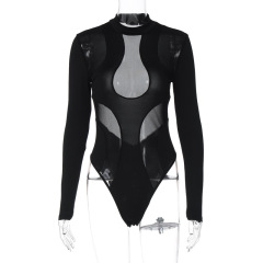 LTY108011--New sexy see-through mesh patchwork tight waist long-sleeved jumpsuit