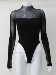 Sexy mesh patchwork long-sleeved jumpsuit