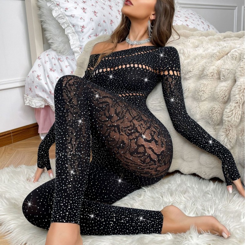 DY-011--New sexy one-piece long-sleeved hot diamond shiny net sexy underwear