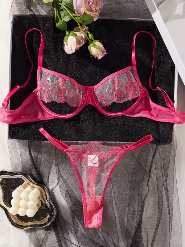 T4015U--Sexy hollow rose embroidery mesh splicing see-through sexy lingerie two-piece set