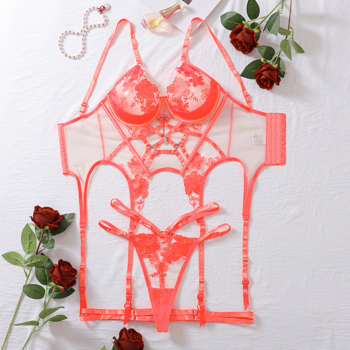 XZ3665L--Sexy embroidered mesh see-through stitching process sexy lingerie garter stockings three-piece set