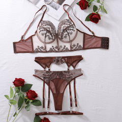 XZ4037L--Contrast color French thin bra set embroidered see-through mesh patchwork gathered set