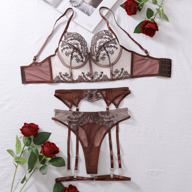 XZ4037L--Contrast color French thin bra set embroidered see-through mesh patchwork gathered set