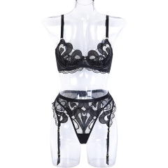 Z2419A--New lace mesh embroidery sexy lingerie gathered suspenders three-piece set