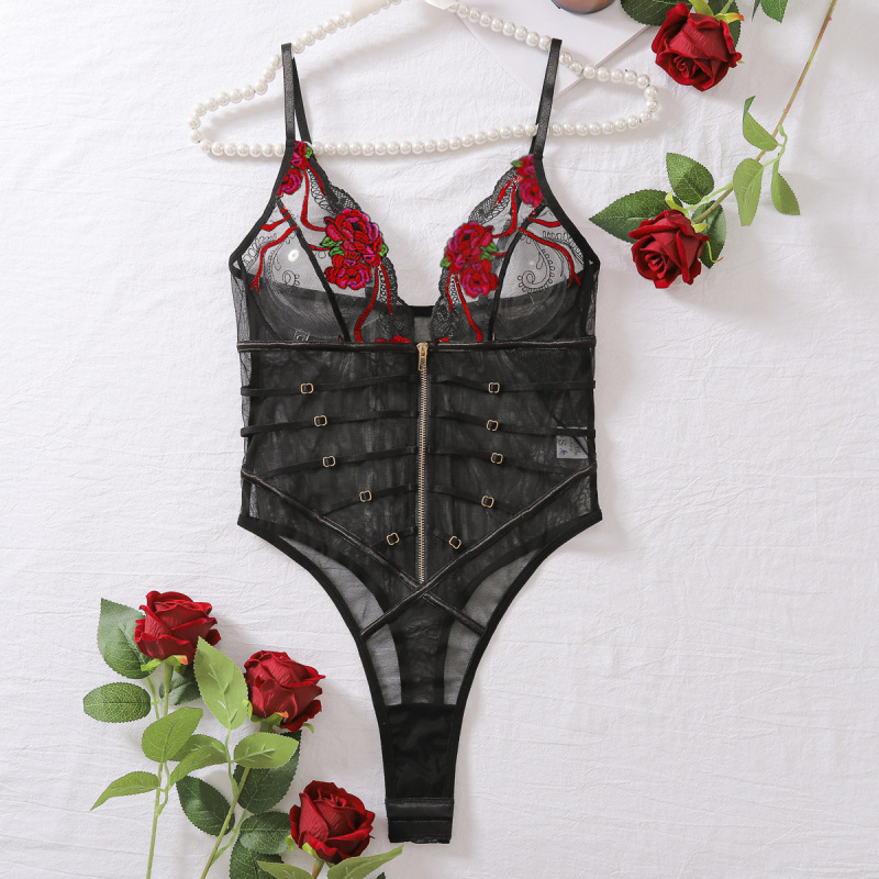 XZ3800L--Popular sexy lace mesh transparent V-neck seductive sling jumpsuit
