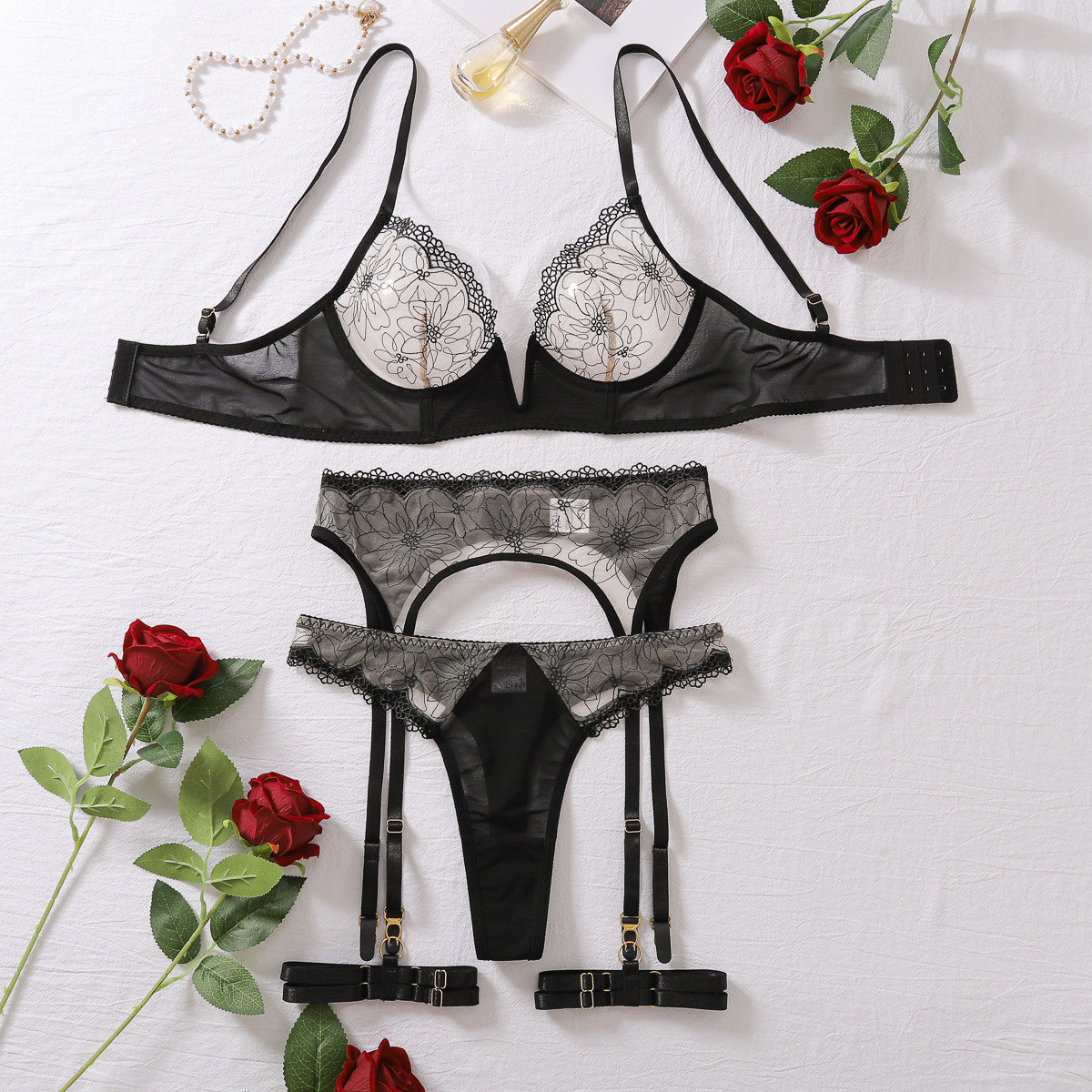 XZ4149L--Lightweight mesh embroidery patchwork gathered deep V sexy underwear set