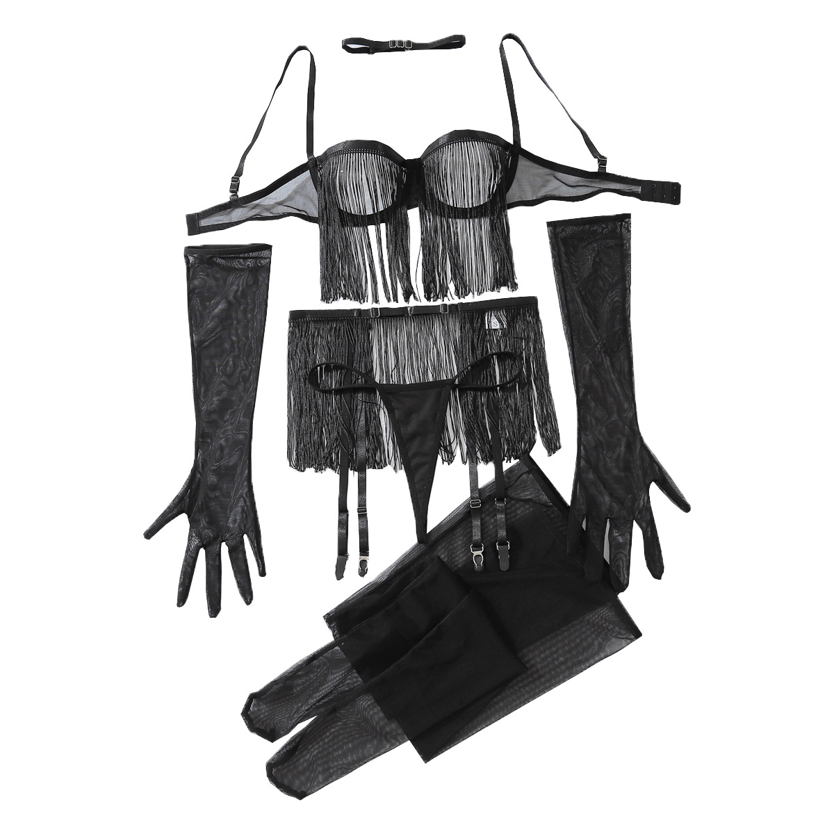 XZ4464A--Fashionable sexy lace see-through tassel hollow underwear set, no need to take off, temptation, fun six-piece set