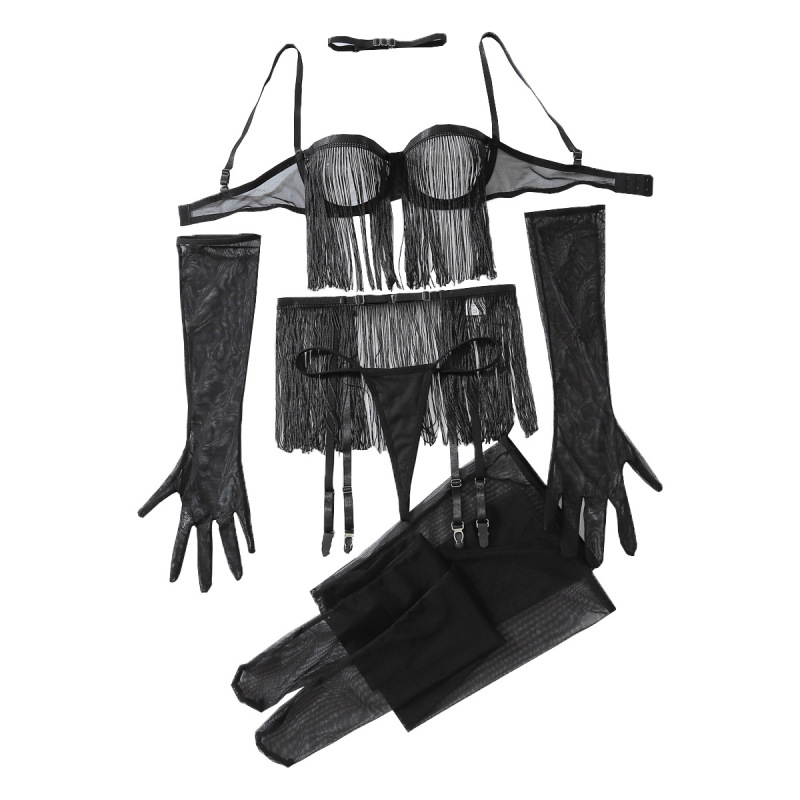 XZ4464A--Fashionable sexy lace see-through tassel hollow underwear set, no need to take off, temptation, fun six-piece set