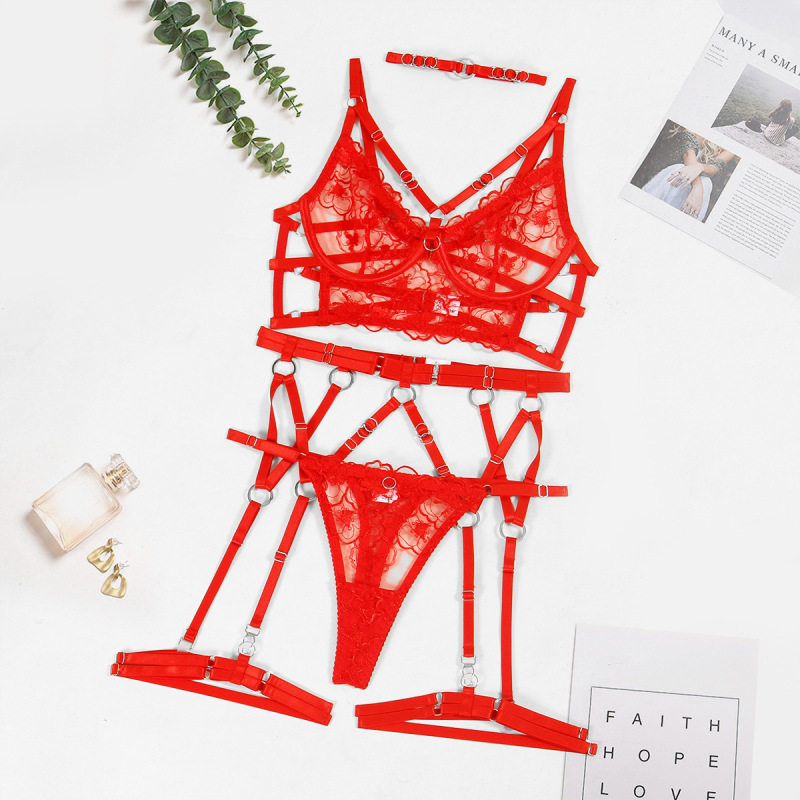 Z3489A--Sexy embroidered hollow body shaping sexy underwear garter five-piece set