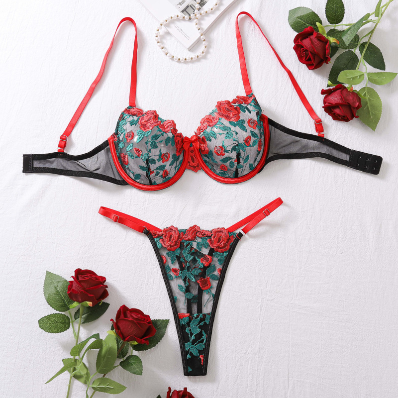 T3642U--Fashionable contrasting floral embroidery sexy see-through bra