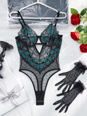 Z3927L--Embroidery and polka dot mesh hollow steel ring gathered sexy see-through suspender jumpsuit