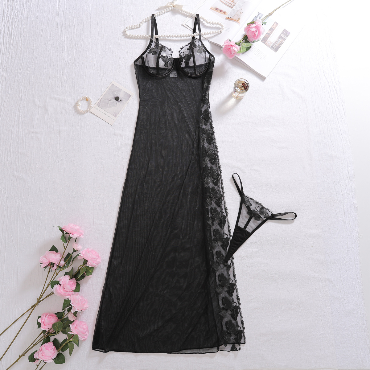 XZ4167A--Sexy mesh sexy breast-revealing comfortable home wear two-piece dress