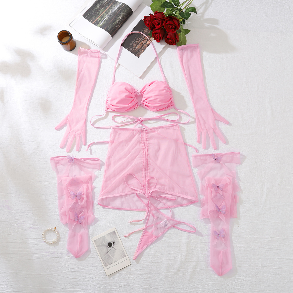 XZ4371A--Sexy hollow mesh seductive sexy pink elegant halter neck underwear five-piece set