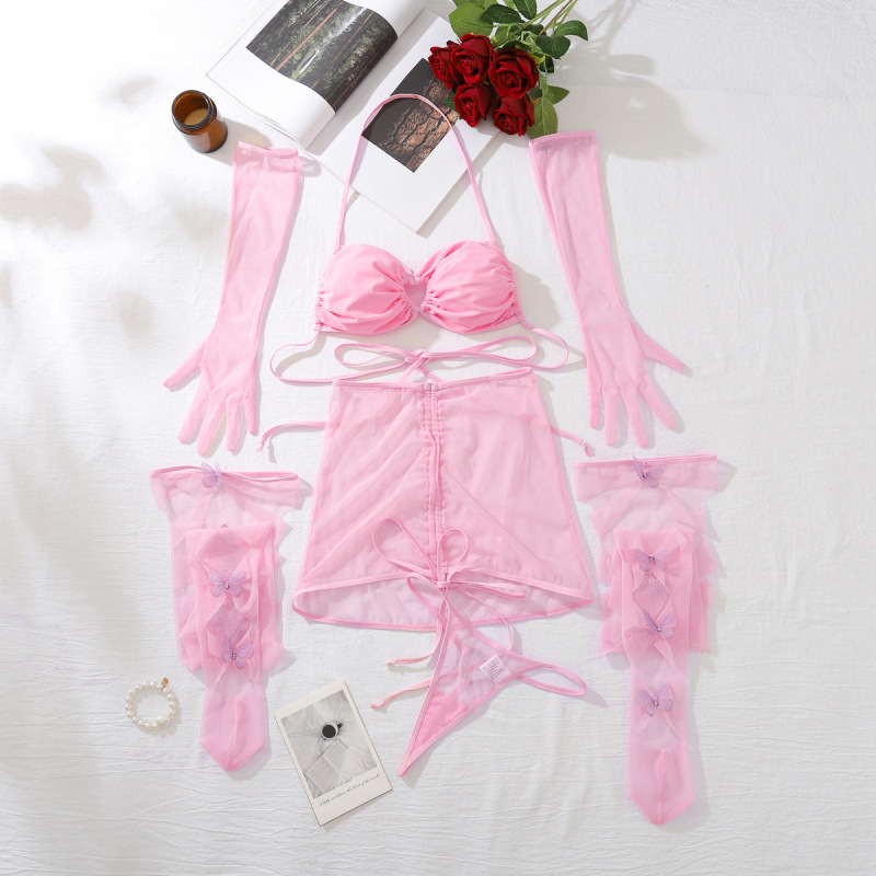 XZ4371A--Sexy hollow mesh seductive sexy pink elegant halter neck underwear five-piece set