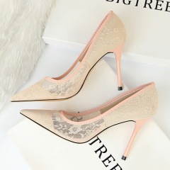 1853-1--Sexy slim high heels, stiletto heels, shallow pointed toe mesh hollow lace shoes