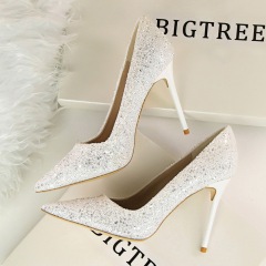 9219-1--Shallow heel pointed toe shining sequins sexy slim nightclub high heels single shoes