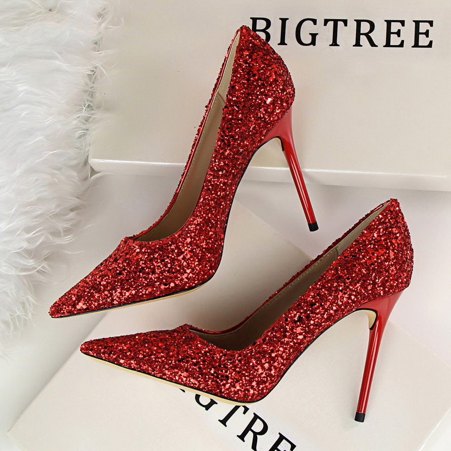 9219-1--Shallow heel pointed toe shining sequins sexy slim nightclub high heels single shoes