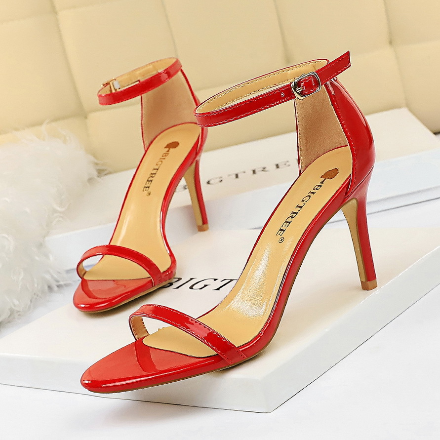 126-10--Patent leather open-toe one-strap sandals for sexy summer nightclub women's high heels