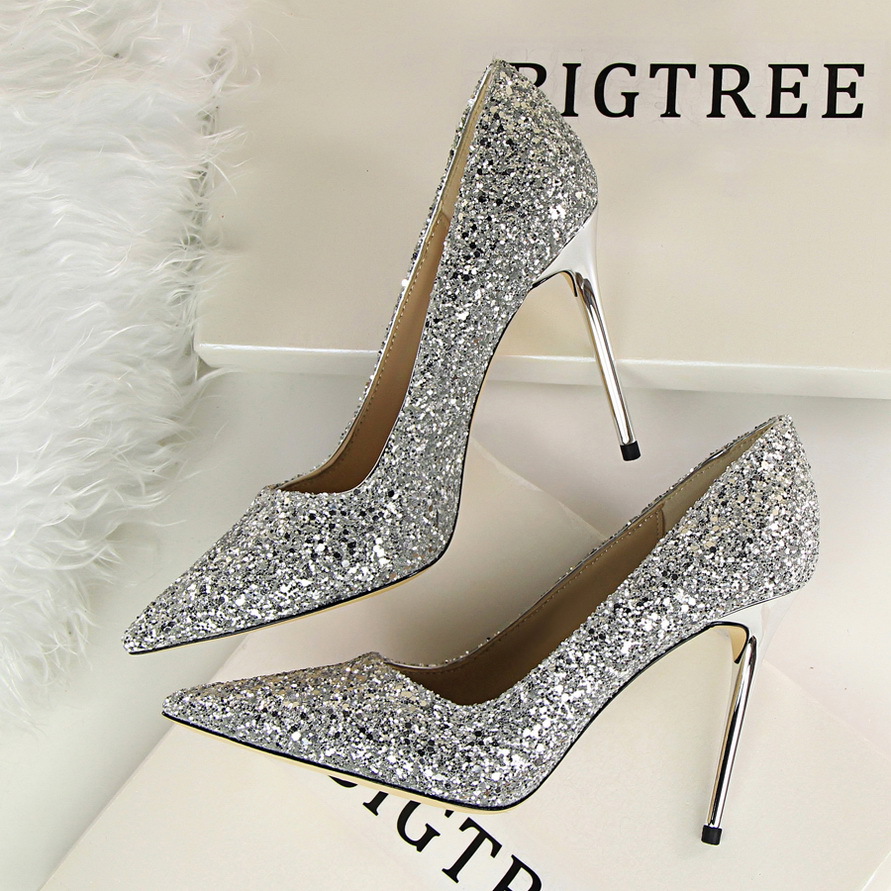 9219-1--Shallow heel pointed toe shining sequins sexy slim nightclub high heels single shoes