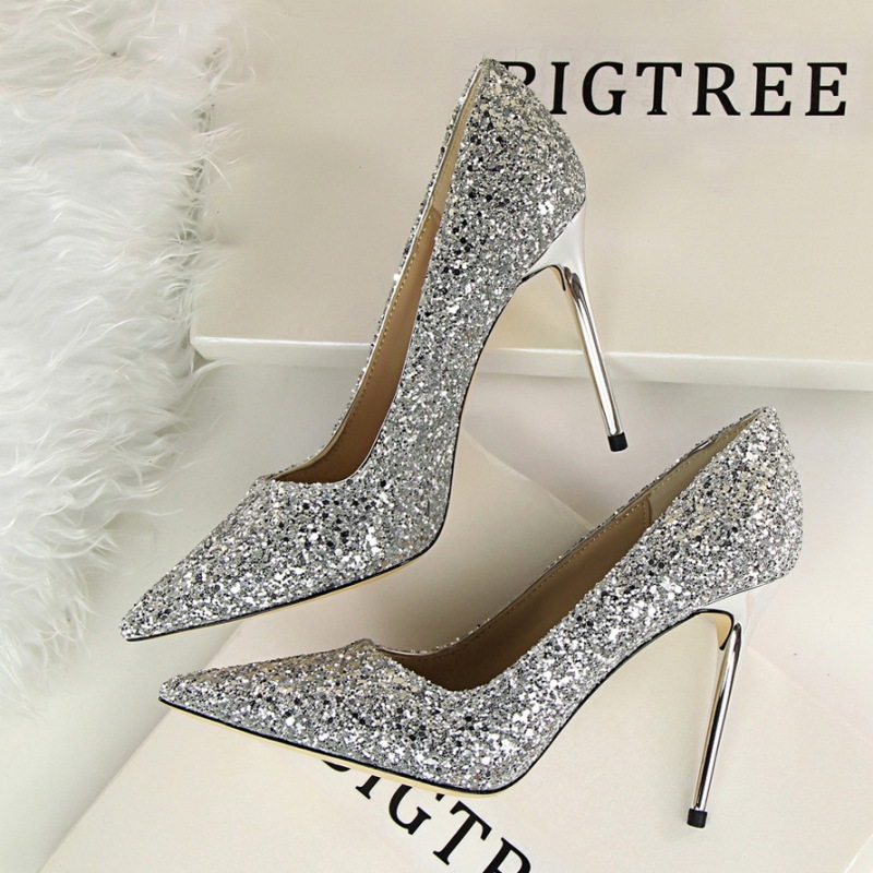 9219-1--Shallow heel pointed toe shining sequins sexy slim nightclub high heels single shoes