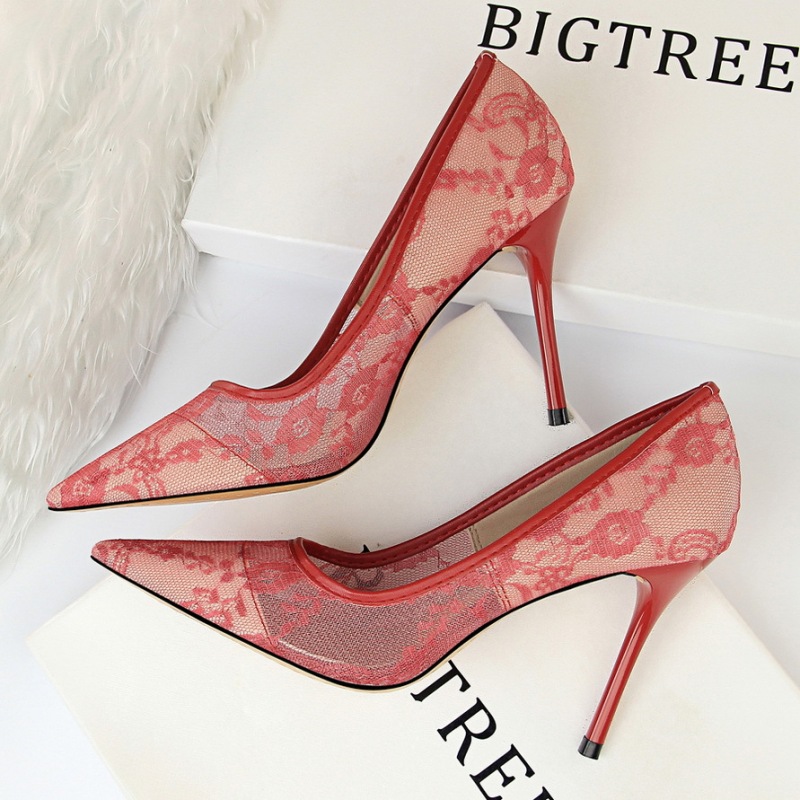 1853-1--Sexy slim high heels, stiletto heels, shallow pointed toe mesh hollow lace shoes