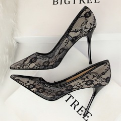 1853-1--Sexy slim high heels, stiletto heels, shallow pointed toe mesh hollow lace shoes