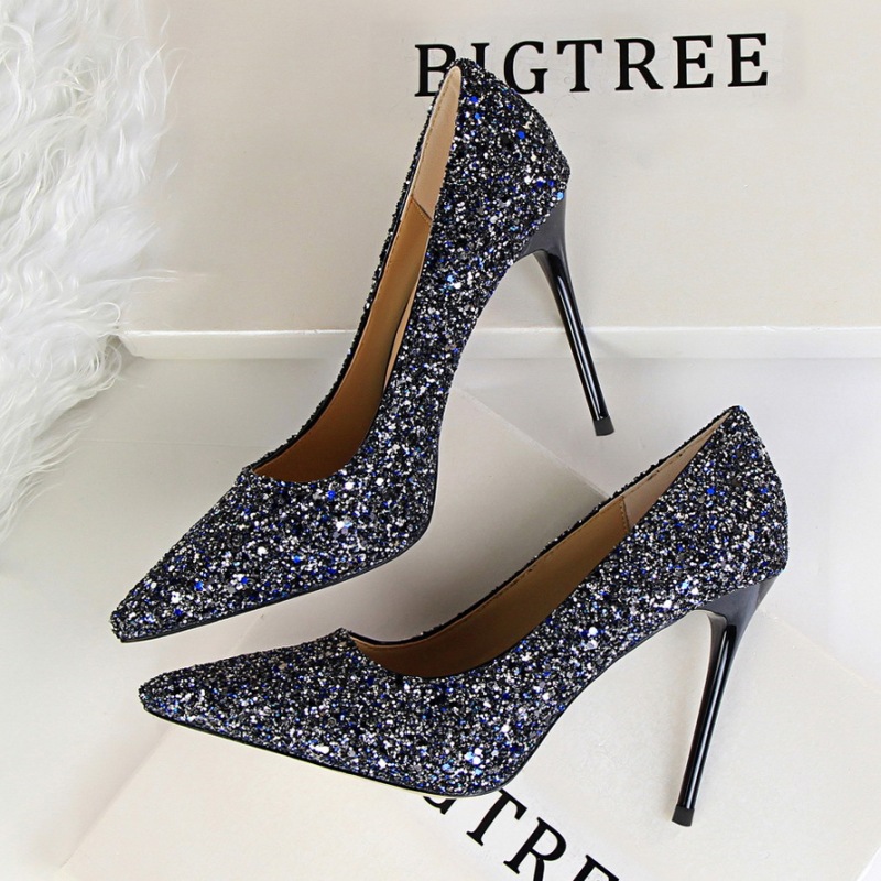 9219-1--Shallow heel pointed toe shining sequins sexy slim nightclub high heels single shoes
