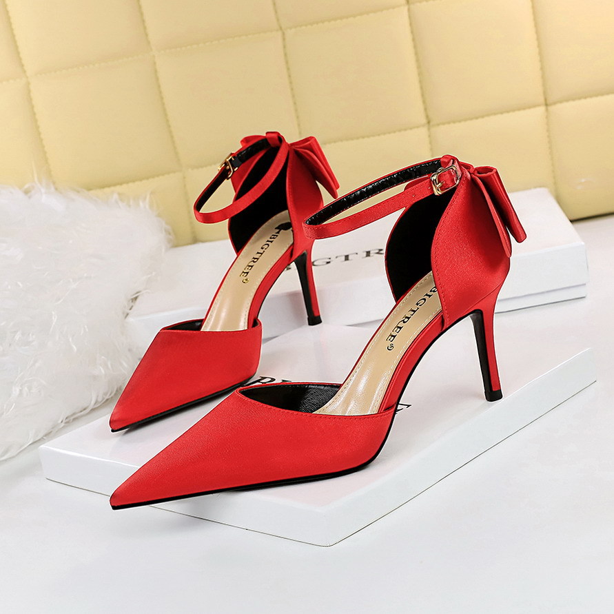 5196-1--Stiletto high heel shallow mouth pointed toe satin hollow back bow strap sandals