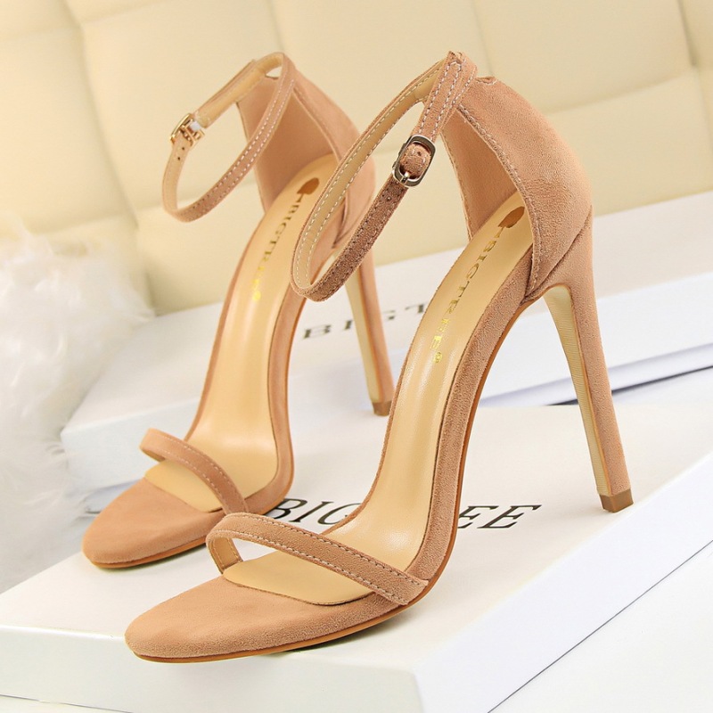 126-9--Sexy women's sandals with stiletto heels, ultra-high heels, suede open-toe, one-strap summer high heels