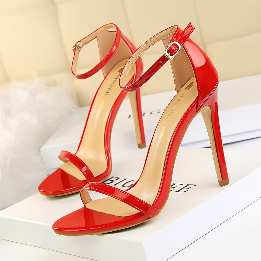 126-10--Patent leather open-toe one-strap sandals for sexy summer nightclub women's high heels