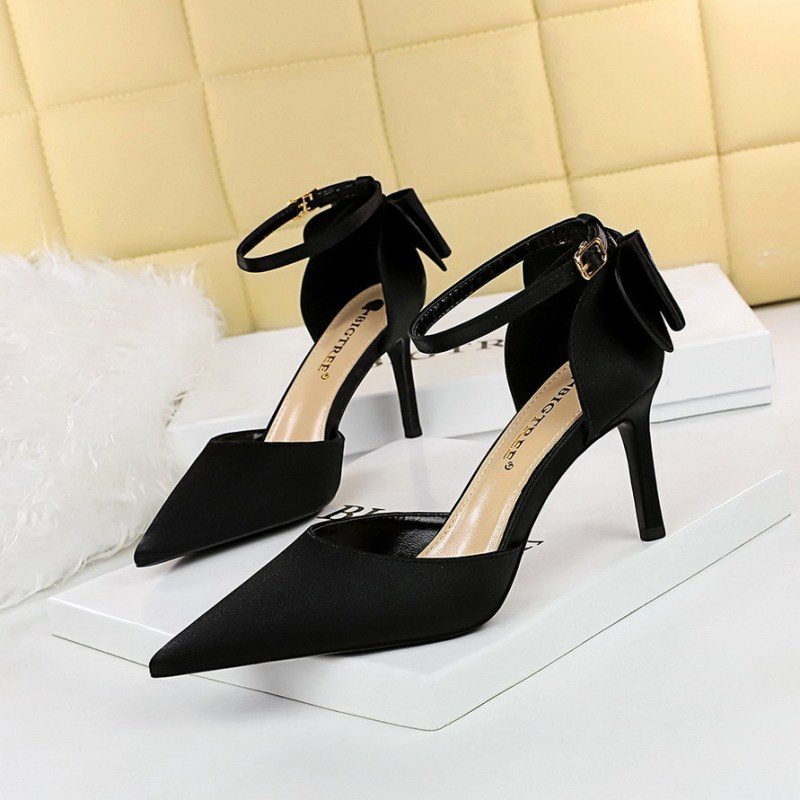 5196-1--Stiletto high heel shallow mouth pointed toe satin hollow back bow strap sandals