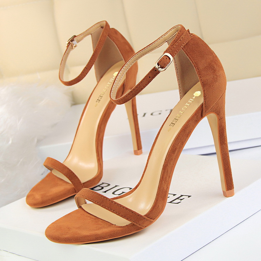 126-9--Sexy women's sandals with stiletto heels, ultra-high heels, suede open-toe, one-strap summer high heels