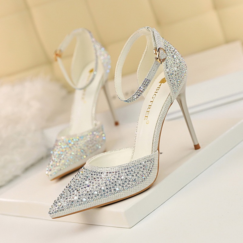 283-16--Stiletto high heel shallow mouth pointed hollow one-strap shiny rhinestone women's sandals
