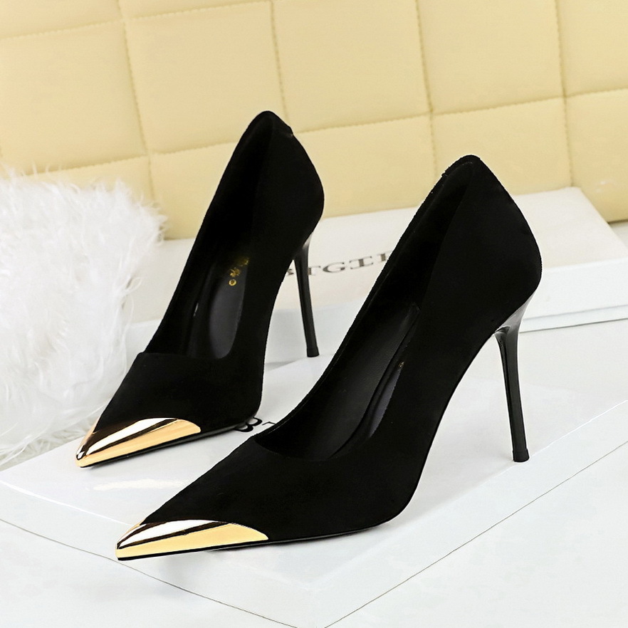 3739-32--Leopard print high heels, suede, shallow metal pointed toe shoes, super high heels