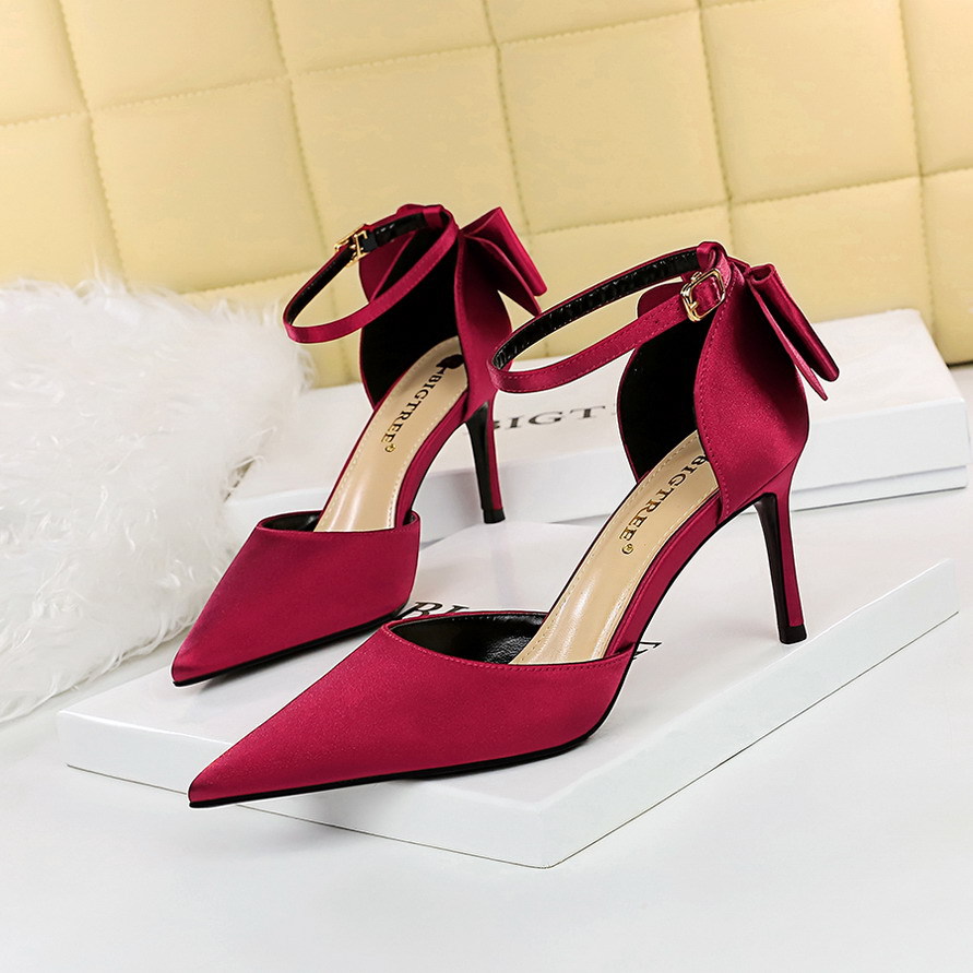 5196-1--Stiletto high heel shallow mouth pointed toe satin hollow back bow strap sandals