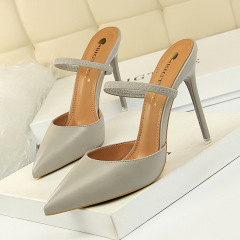 86-10--Retro simple closed toe slippers, stiletto high heels, shallow pointed toe, hollow one-strap women's slippers