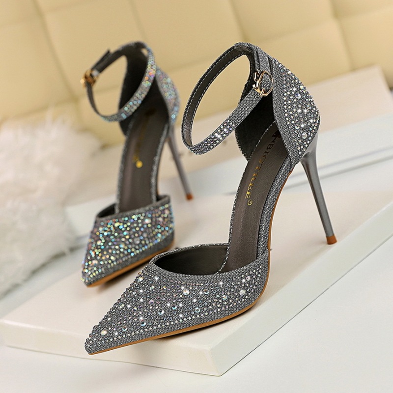 283-16--Stiletto high heel shallow mouth pointed hollow one-strap shiny rhinestone women's sandals