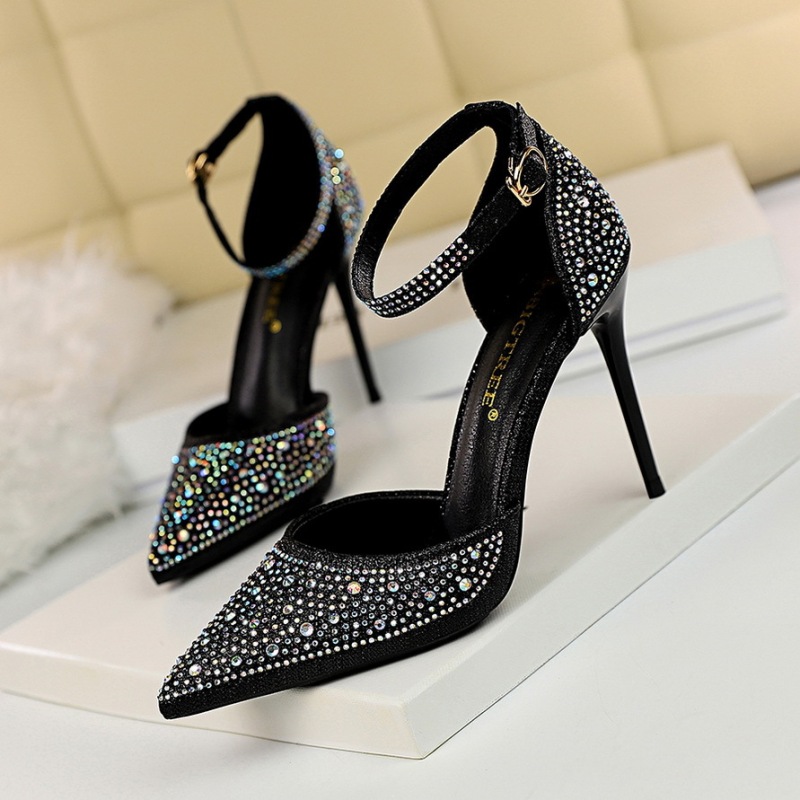 283-16--Stiletto high heel shallow mouth pointed hollow one-strap shiny rhinestone women's sandals
