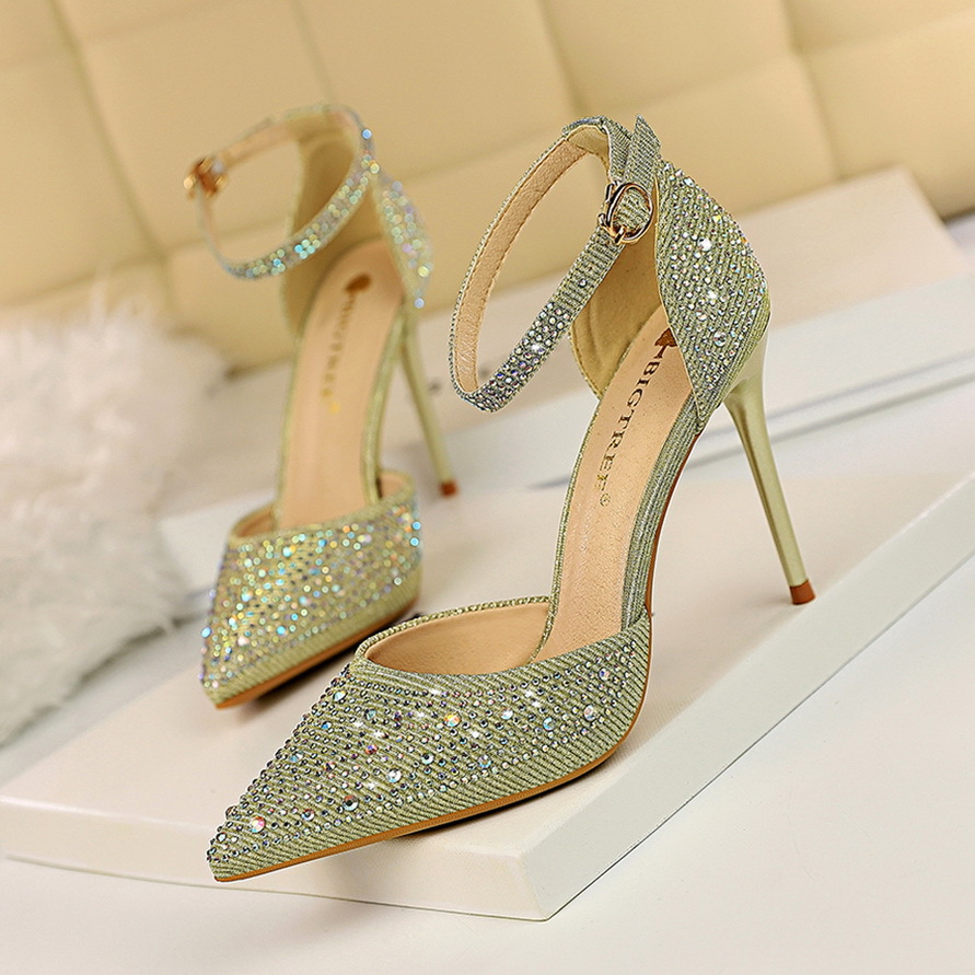 283-16--Stiletto high heel shallow mouth pointed hollow one-strap shiny rhinestone women's sandals